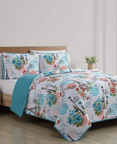 VCNY Home 3-Piece Quilt Set Reversible Eiffel Blue Full Queen