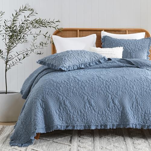 HORIMOTE HOME Blue Ruffled Quilt Set Queen Size 3 Piece