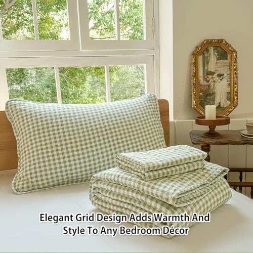 Sage Green Gingham King Quilt Set with Pillow Shams