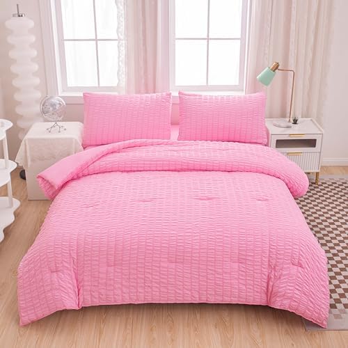 Yadangxiawa Twin Bed in a Bag Pink Seersucker Comforter Set 1