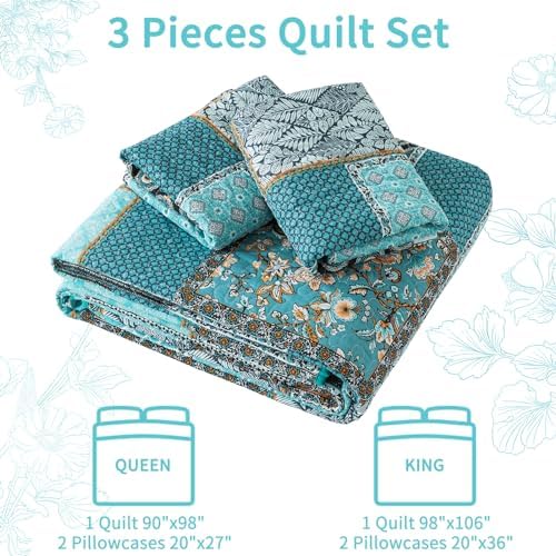 VAPUTAR Queen Size Quilt Bedding Set - 3 Piece Teal Green Chic