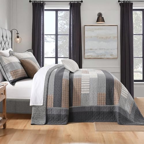 Soforpring 100 Cotton Cal King Bedspread Set - 120x120 Gray Farmhouse Plaid 3pcs
