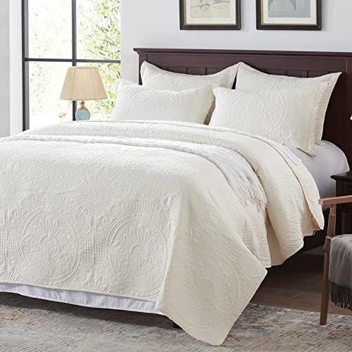 Anluoer Queen Size Quilt Set - Cream Embossed Microfiber Coverlet