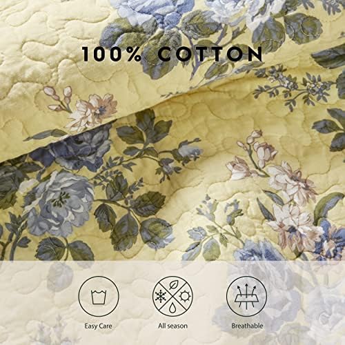 Laura Ashley King Quilt Set - Linley Yellow 3 Piece Reversible Cotton