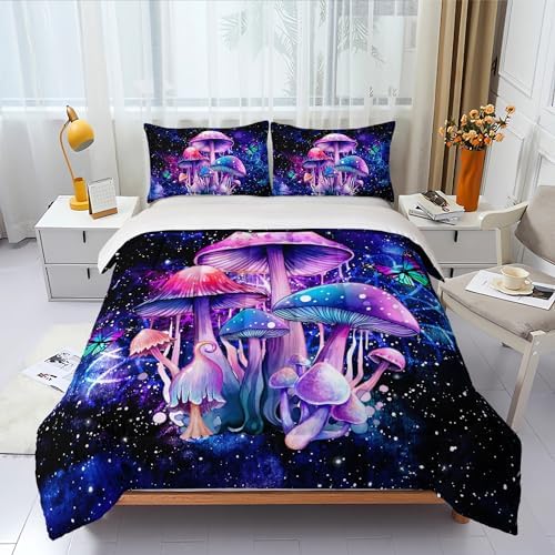 Fantasy Mushrooms Comforter Set Full - 3 Pieces Violet Down Alternative Quilt Bedding