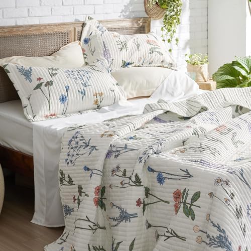 Bedsure Floral White Quilt Set Queen Size 3 Piece