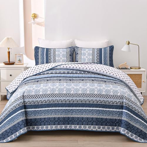WONGS BEDDING Navy Blue Boho Queen Quilt Set 3pcs