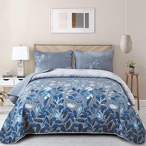 WONGS BEDDING Blue Floral Quilt Set King Size 3 Pieces