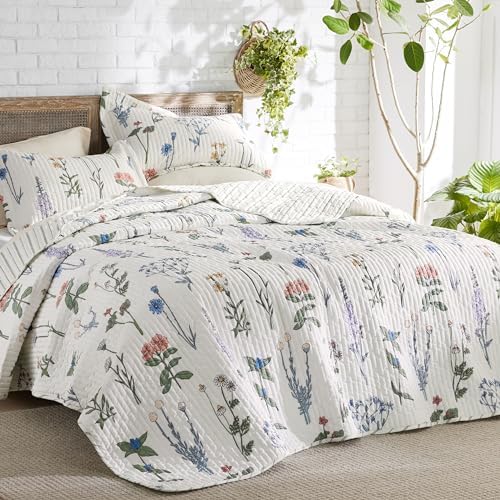 Bedsure Floral White Quilt Set Queen Size 3 Piece