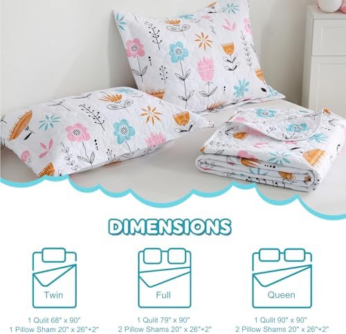 CIMVI Girls Pink Floral Quilt Set Full Size Kids Bedding