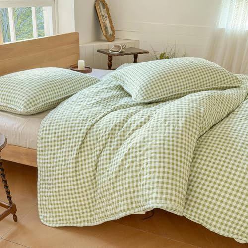 Sage Green Gingham King Quilt Set with Pillow Shams
