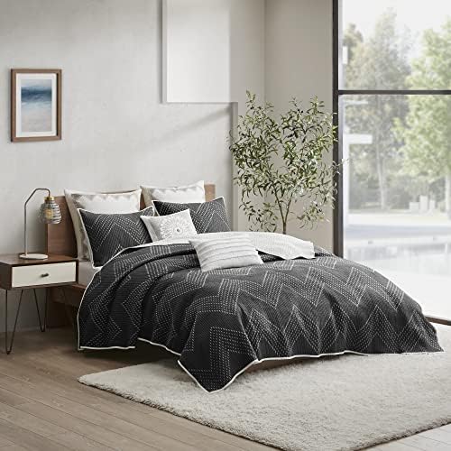 INKIVY Reversible Chevron Cotton Quilt Set - 3 Piece Black FullQueen