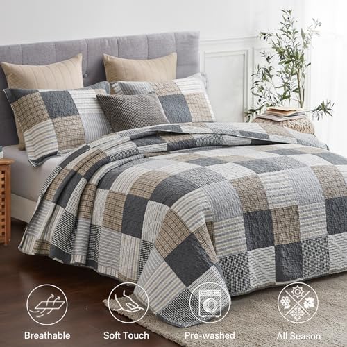 Finlonte Quilt Set Queen Size - 100 Cotton Plaid Bedspread