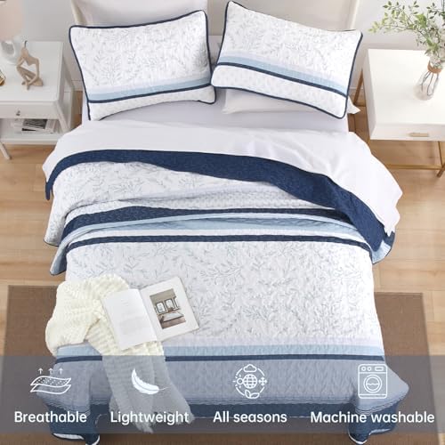 DJY Striped Quilt Set Queen Size Navy Blue