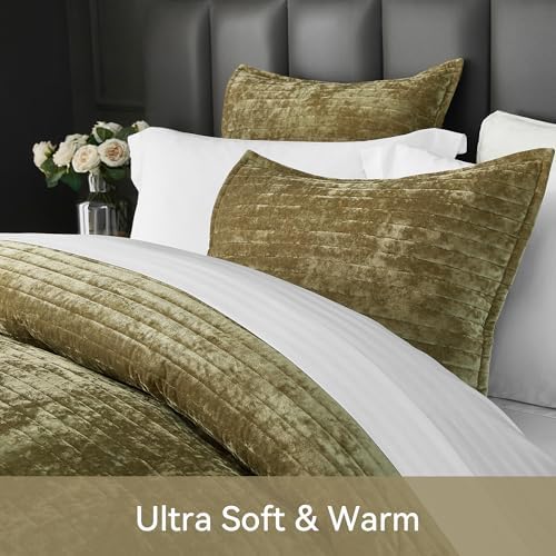 Weigelia Velvet Quilt Set Olive Green Striped Queen Size