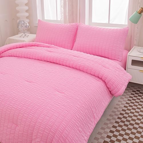 Yadangxiawa Twin Bed in a Bag Pink Seersucker Comforter Set 1