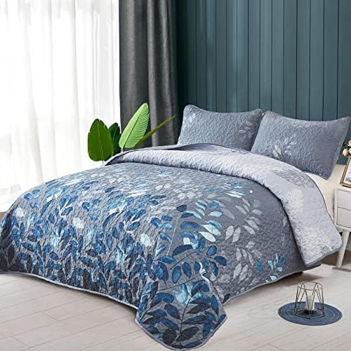 WONGS BEDDING Blue Floral Quilt Set King Size 3 Pieces
