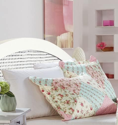 Brilliant Sunshine Pink Green Rose Patchwork Pillowshams Set