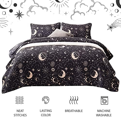 EXQ Home Quilt Set Full Queen Black Starry Pattern 3 Piece