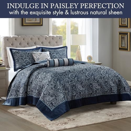 Madison Park Aubrey Reversible Quilted Bedspread Set Queen Navy 5 Piece