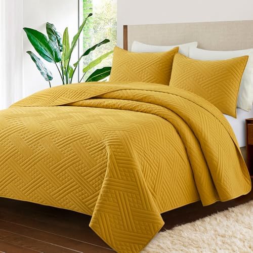 Safonory King Size Quilt Set - Mustard Yellow Striped