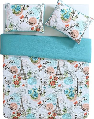 VCNY Home 3-Piece Quilt Set Reversible Eiffel Blue Full Queen