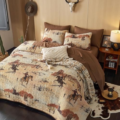 Wake In Cloud Western Quilt Set 3-Piece Ochre Brown QueenFull