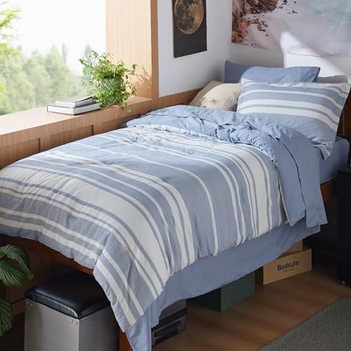 Bedsure Twin XL Comforter Set 5 Pieces Blue Striped