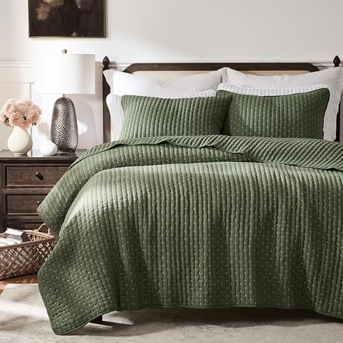 WDCOZY Olive Green Cross Stitch Queen Quilt Set 1