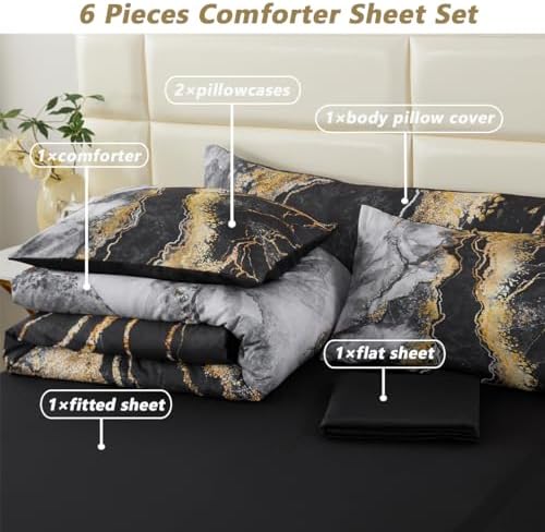 PERFEMET 6pcs Full Bed Comforter Set with Marble Print Design