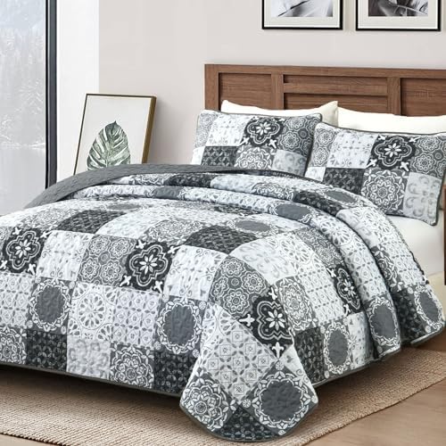 Dobuyly Grey Black Patchwork Quilt Set Queen Size