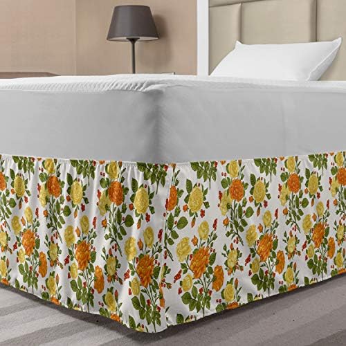 Lunarable Floral Bed Skirt Dark Orange Yellow Green
