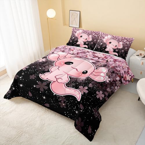 QOOMO Kawaii Axolotl Comforter Set Twin Size Pink Cherry Blossom