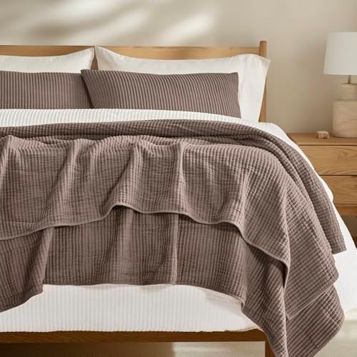 EVERGRACEHOME Cotton Coverlet Set Full Queen 3 Piece Mocha Brown