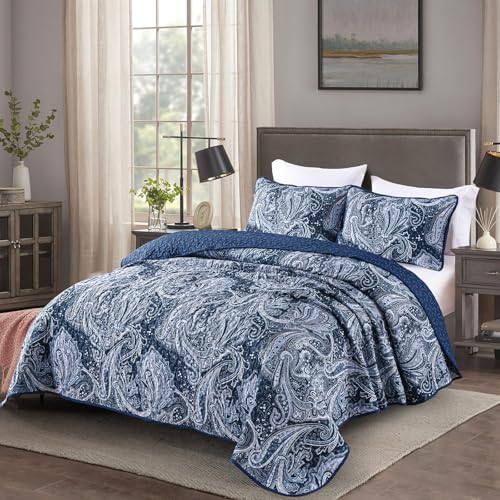 DJY Navy Paisley Quilt Set 3 Pieces King Size