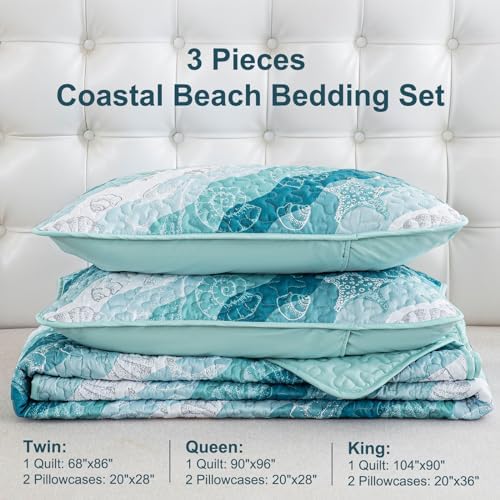 Dinjoy Coastal Blue Green Queen Quilt Set