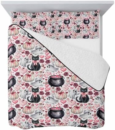 Twin XL Halloween Black Cat Quilt Set with 2 Pillow Shams