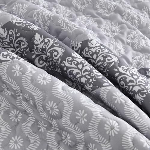Boho Quilt Set Full Size Gray Striped Bedding 3 Pieces