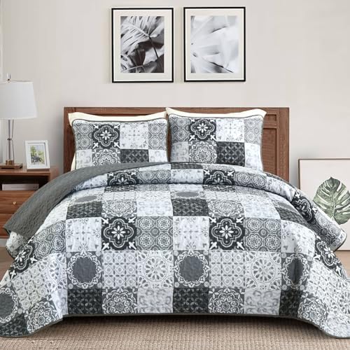 Dobuyly Grey Black Patchwork Quilt Set Queen Size