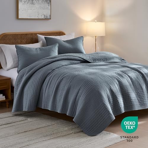Palassio Striped Blue Grey Cotton Quilt Set King Size 2 Shams