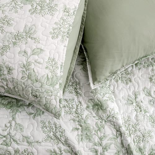 Wonderful Sage Green Floral Reversible Quilt Set Queen Size