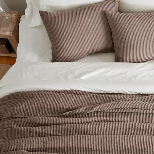 EVERGRACEHOME Cotton Coverlet Set Full Queen 3 Piece Mocha Brown