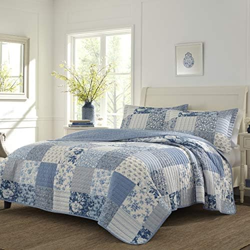 Laura Ashley Twin Quilt Set - Paisley Printed Patchwork Blue