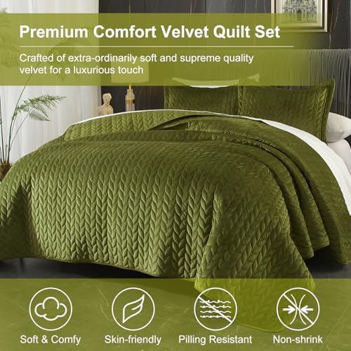 Ivellow Velvet Quilt Set King Size Green