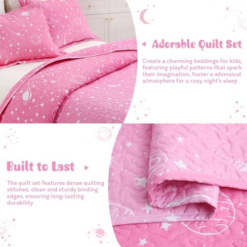 JSD Gradient Pink Stars Kids Quilt Set Full Queen Space Theme