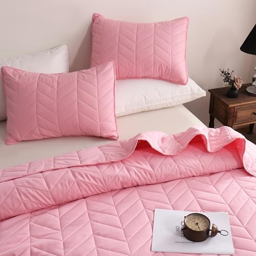 DOWNCOOL Pink Leaf Texture King Quilt Set 3PC