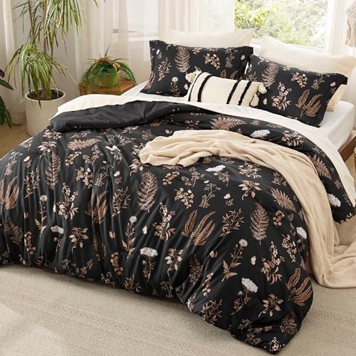 Bedsure Comforter Set King Size - Floral Reversible Black Bedding