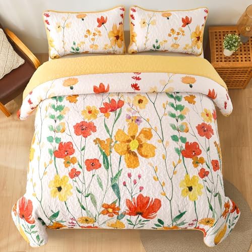 Anibedding Yellow Floral Quilt Set King Size