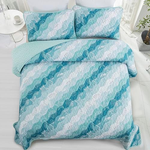 Dinjoy Coastal Blue Green Queen Quilt Set