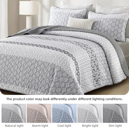 Boho Quilt Set Full Size Gray Striped Bedding 3 Pieces